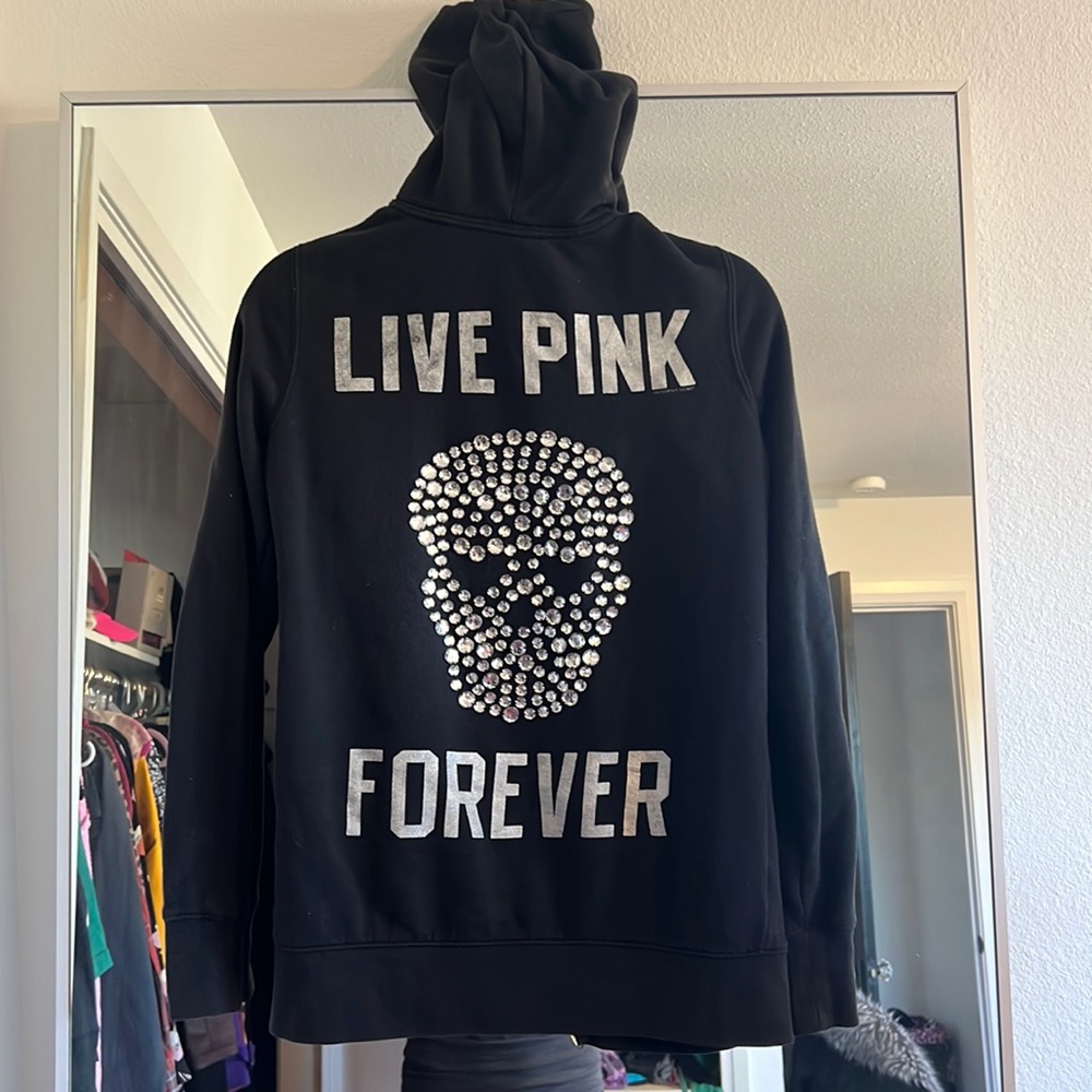 Pink Victoria’s Secret Long Hoodie rhinestone skull size XS
